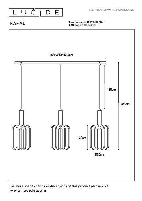 Lucide RAFAL - Pendant light - 3xE27 - Grey - technical